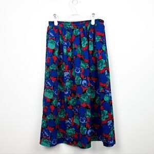 Vintage Blue and Red Floral Mid Length Skirt